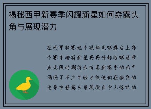 揭秘西甲新赛季闪耀新星如何崭露头角与展现潜力
