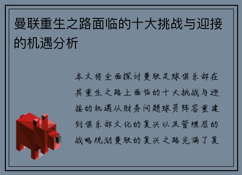 曼联重生之路面临的十大挑战与迎接的机遇分析