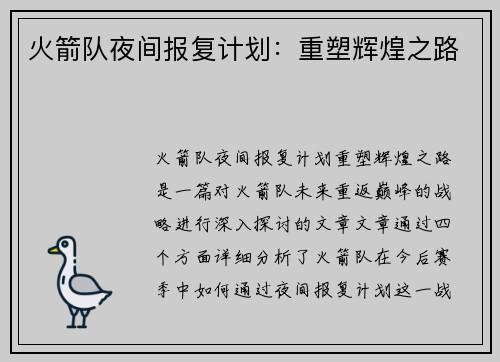 火箭队夜间报复计划:重塑辉煌之路 火箭队夜间报复计划:重塑辉煌之路