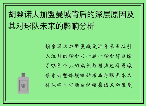 胡桑诺夫加盟曼城背后的深层原因及其对球队未来的影响分析 胡桑诺夫加盟曼城背后的深层原因及其对球队未来的影响分析